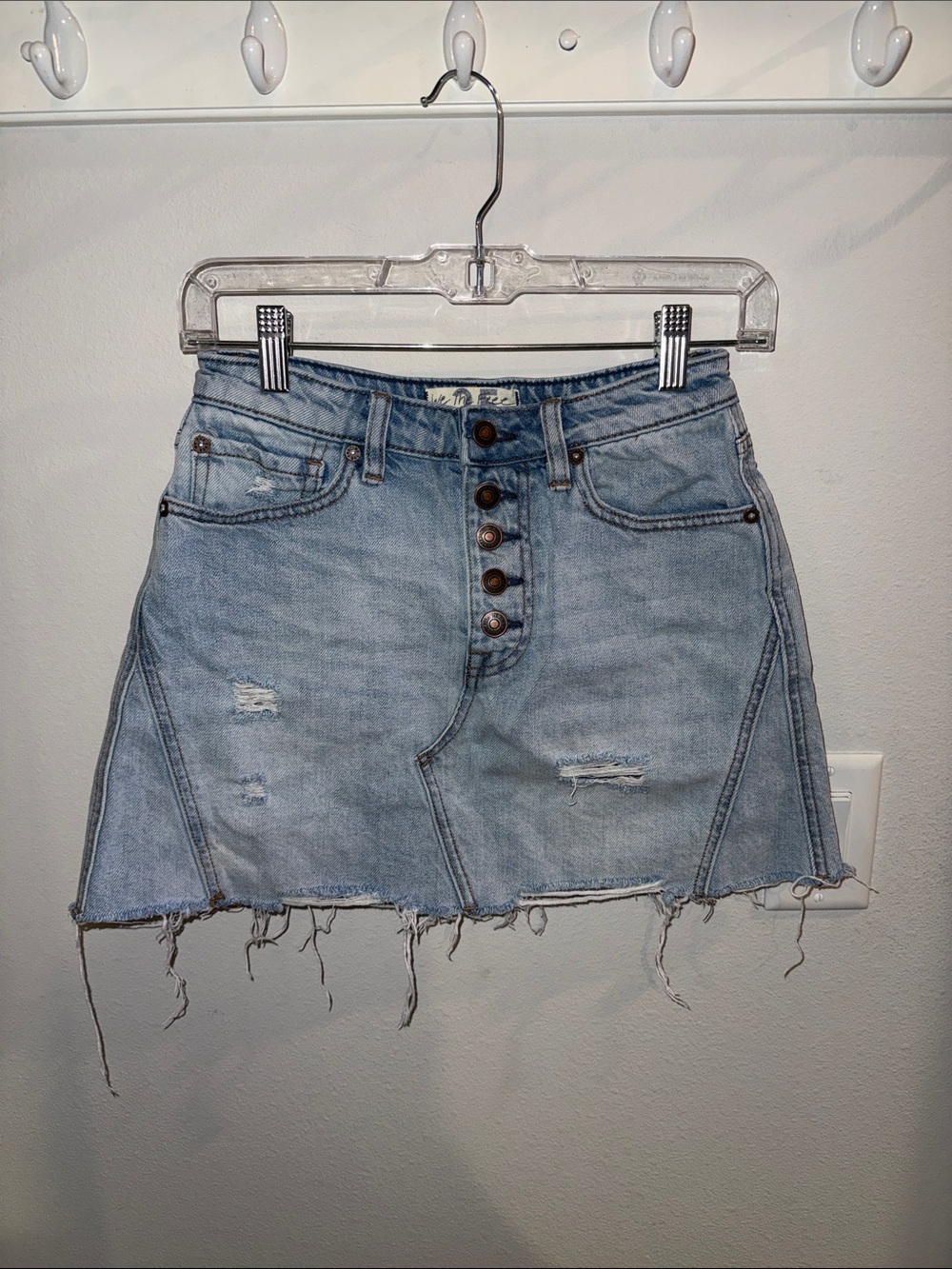 We The Free Distressed Button-Front Denim Mini Skirt